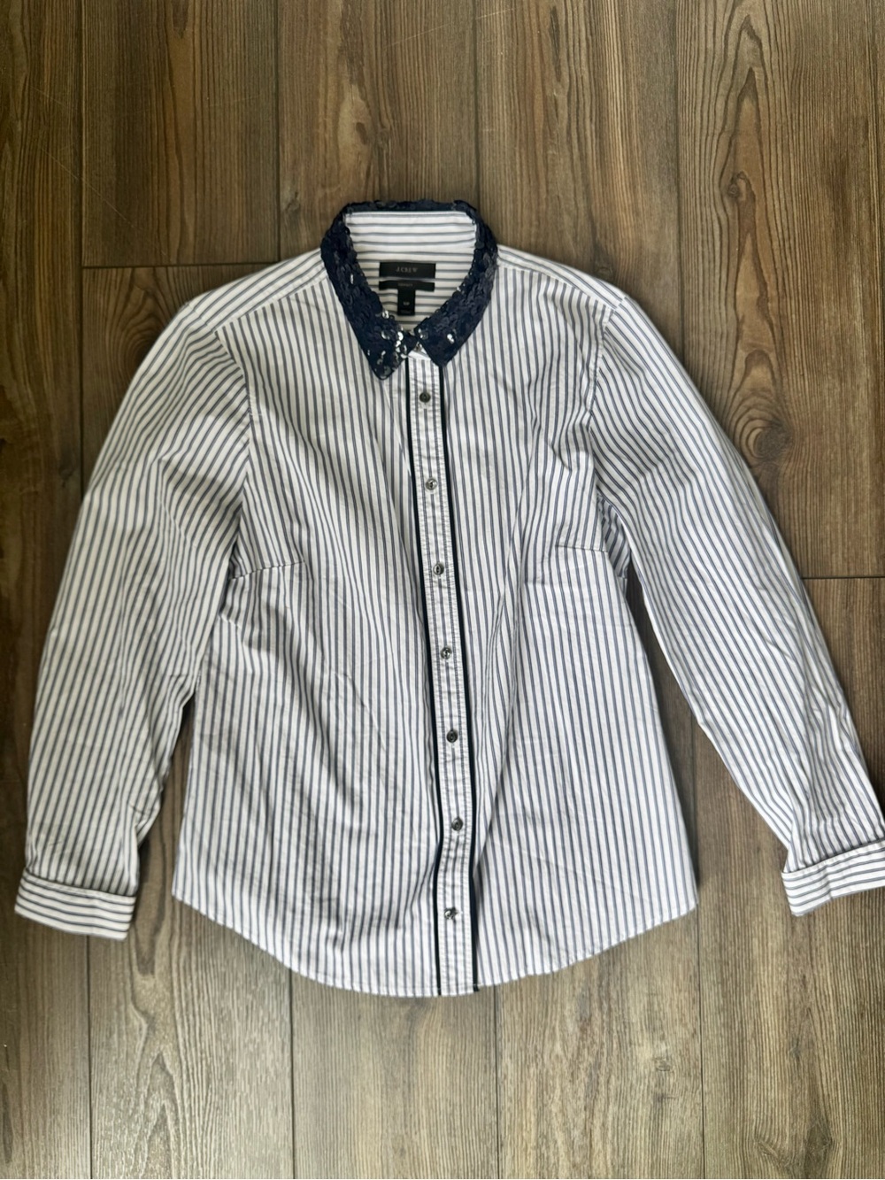 J. Crew Navy and White Striped Dress Shirt with Embellished Sequins Collar